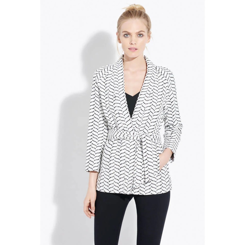 AYR White‎ Seagull Herringbone Pattern Belted Blazer Jacket Size L